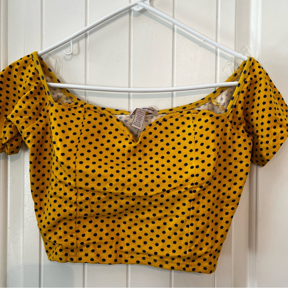 NWOT Diva Apparel Juniors Yellow Blue Polka Dot Cropped Shirt Large Sweetheart - Picture 6 of 9